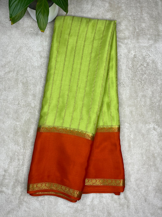 Pure Crepe Mysore Silk crush Saree In Light Green With Orange Contrast Blouse-1146007