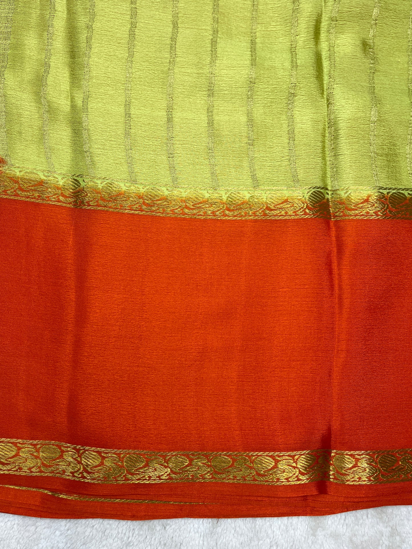 Pure Crepe Mysore Silk crush Saree In Light Green With Orange Contrast Blouse-1146007