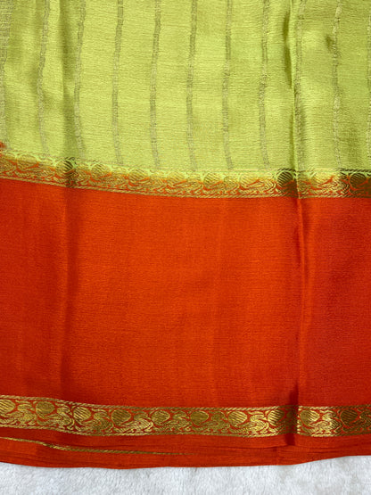 Pure Crepe Mysore Silk crush Saree In Light Green With Orange Contrast Blouse-1146007