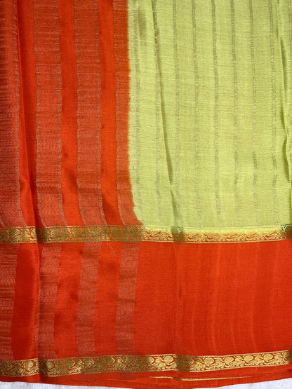 Pure Crepe Mysore Silk crush Saree In Light Green With Orange Contrast Blouse-1146007
