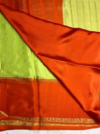 Pure Crepe Mysore Silk crush Saree In Light Green With Orange Contrast Blouse-1146007