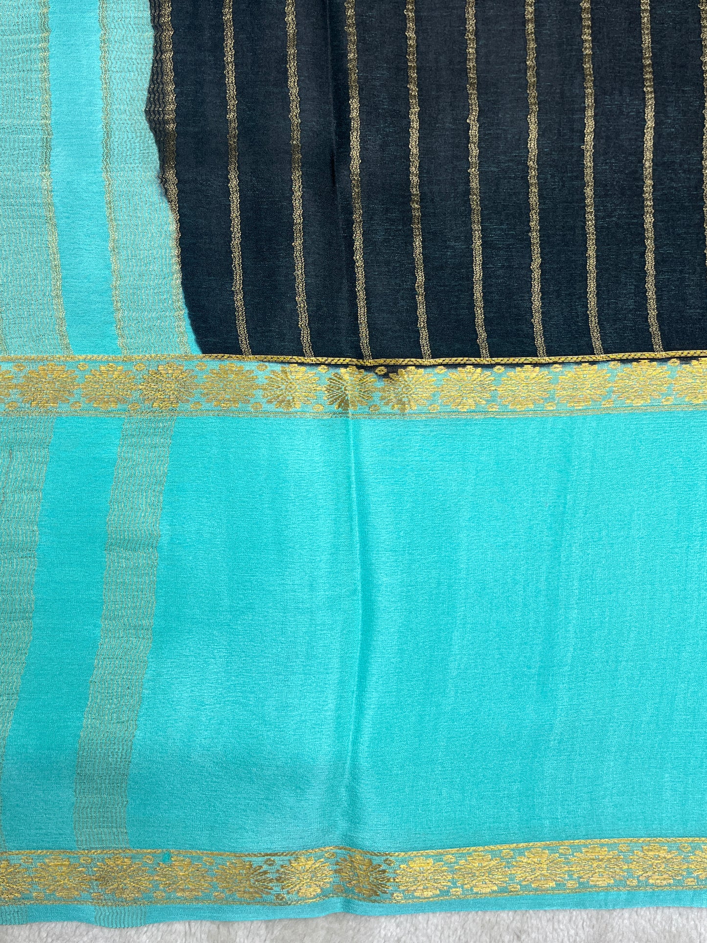 Pure Crepe Mysore Silk crush Saree In Black With Blue Contrast Blouse-1146007