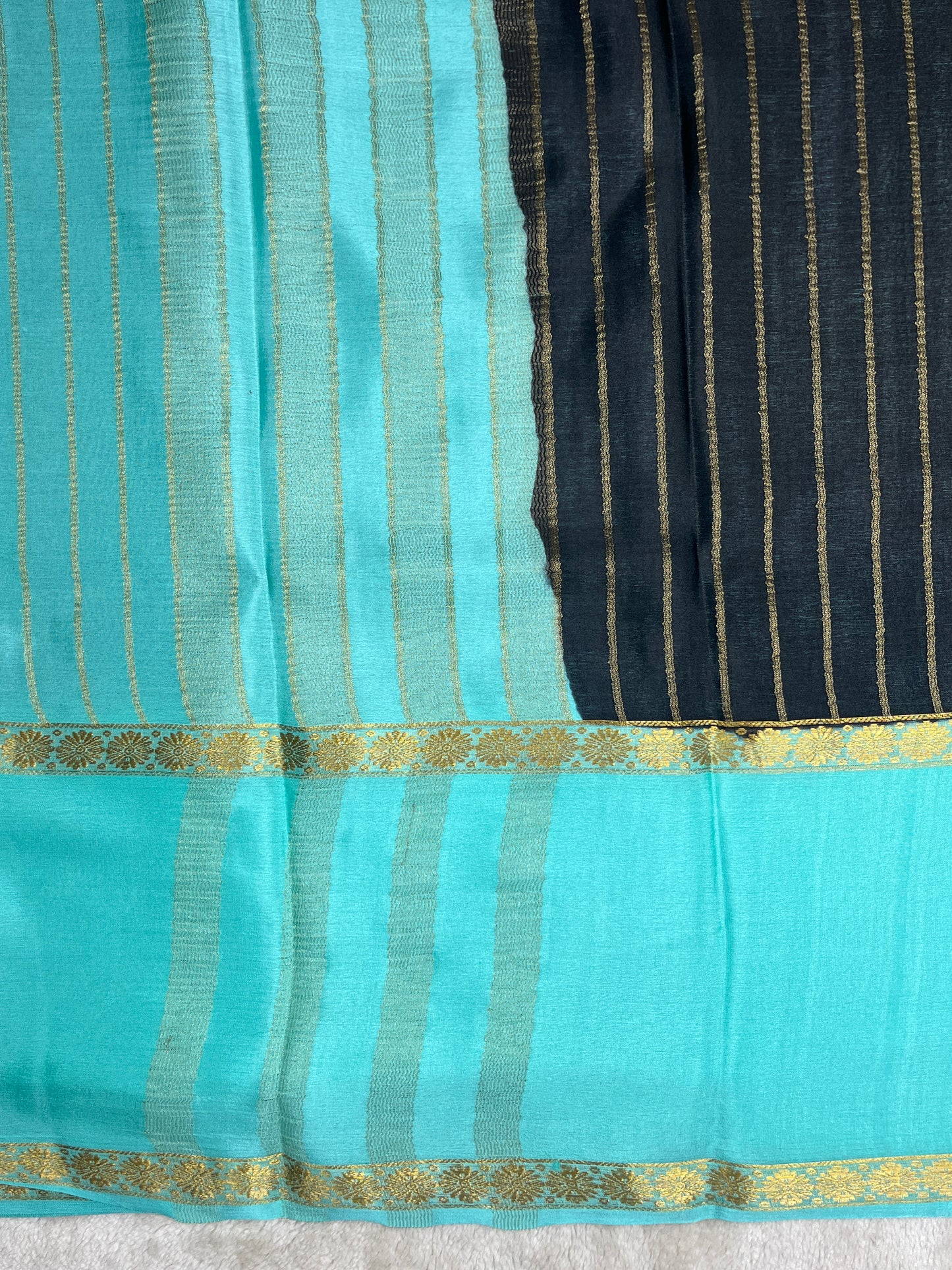 Pure Crepe Mysore Silk crush Saree In Black With Blue Contrast Blouse-1146007