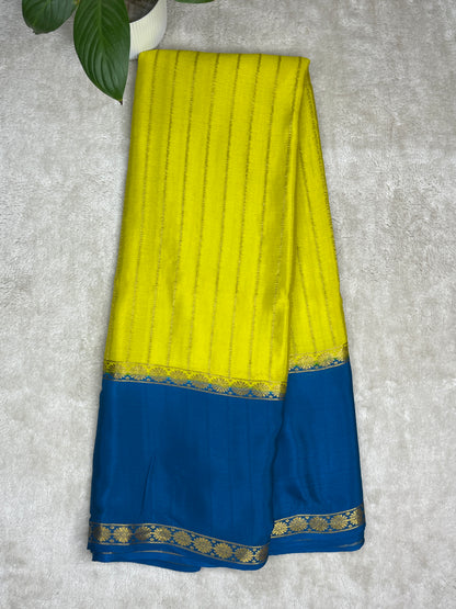 Pure Crepe Mysore Silk crush Saree In Yellow With Blue Contrast Blouse-1146007