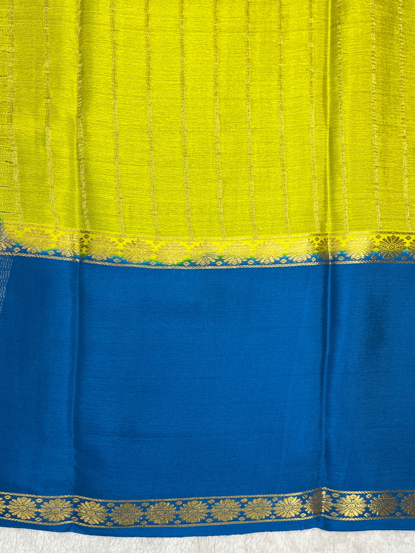 Pure Crepe Mysore Silk crush Saree In Yellow With Blue Contrast Blouse-1146007