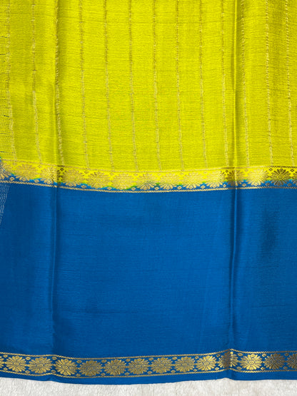Pure Crepe Mysore Silk crush Saree In Yellow With Blue Contrast Blouse-1146007