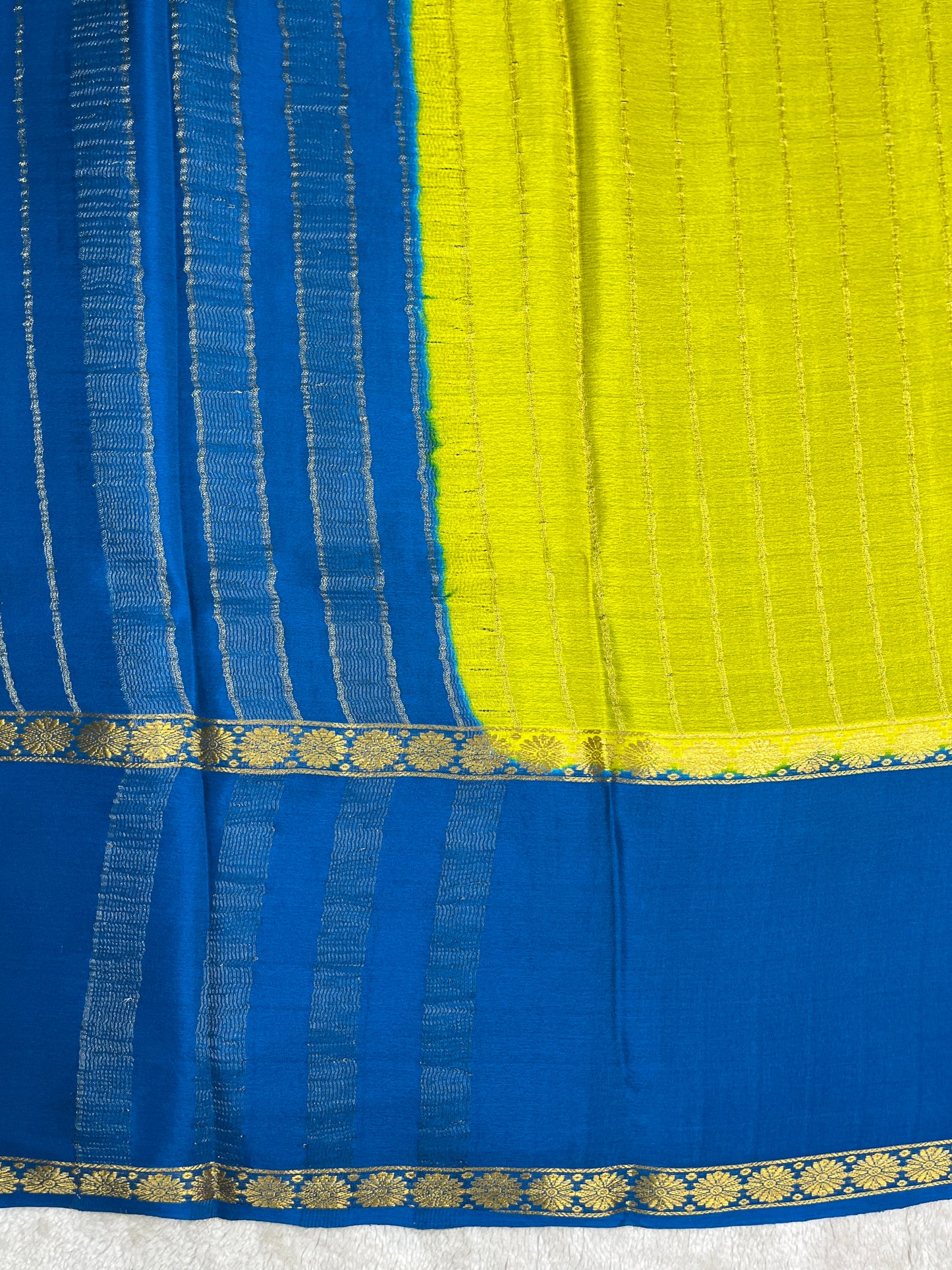 Pure Crepe Mysore Silk crush Saree In Yellow With Blue Contrast Blouse-1146007