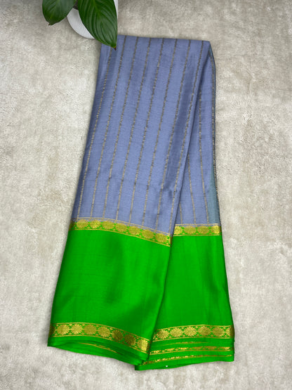 Pure Crepe Mysore Silk Saree bentex stripes In Grey With Green Contrast Blouse-1145310