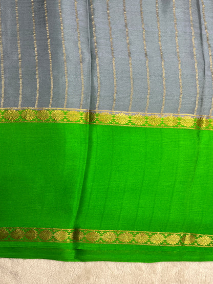 Pure Crepe Mysore Silk Saree bentex stripes In Grey With Green Contrast Blouse-1145310