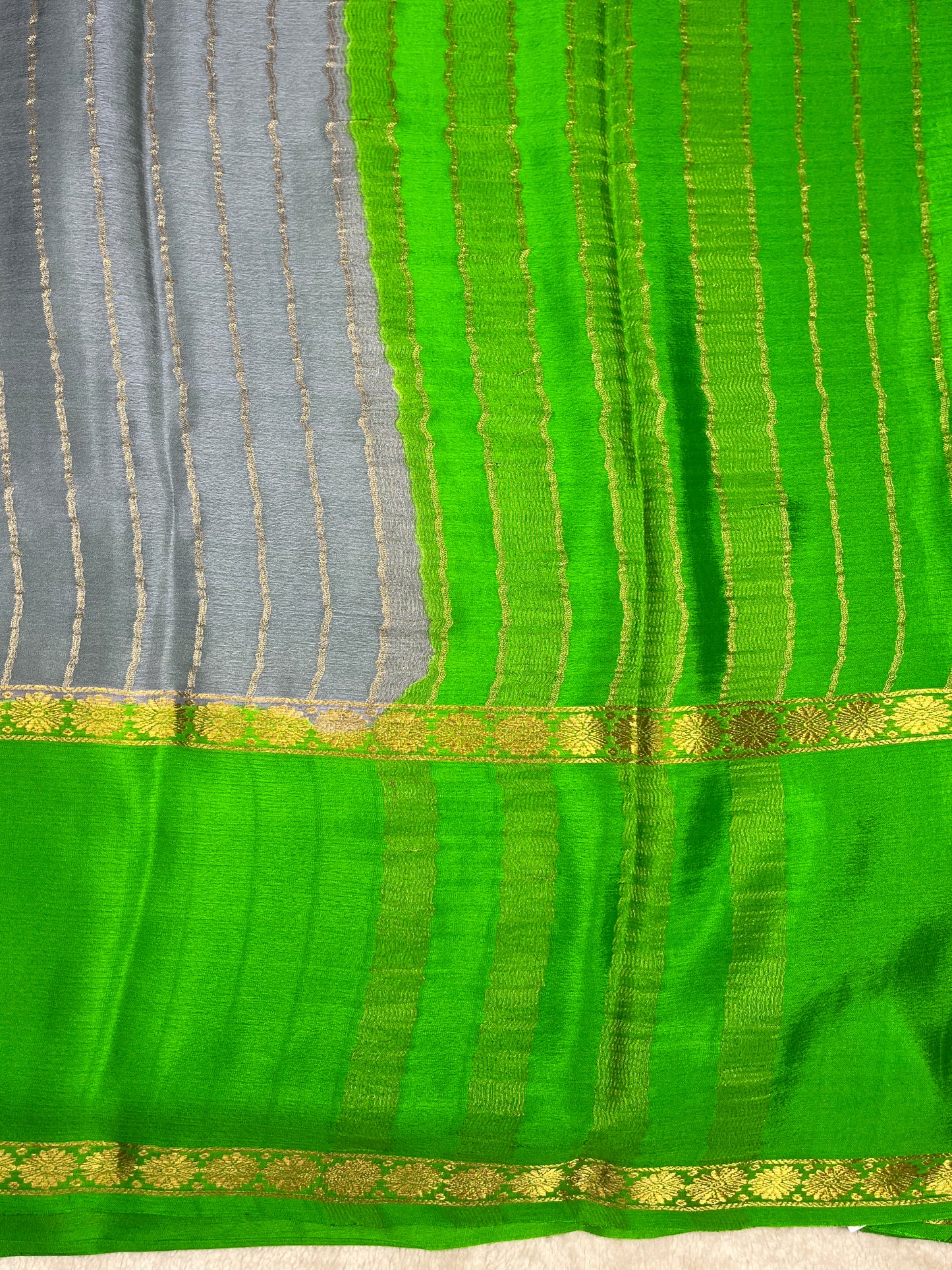 Pure Crepe Mysore Silk Saree bentex stripes In Grey With Green Contrast Blouse-1145310