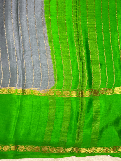 Pure Crepe Mysore Silk Saree bentex stripes In Grey With Green Contrast Blouse-1145310