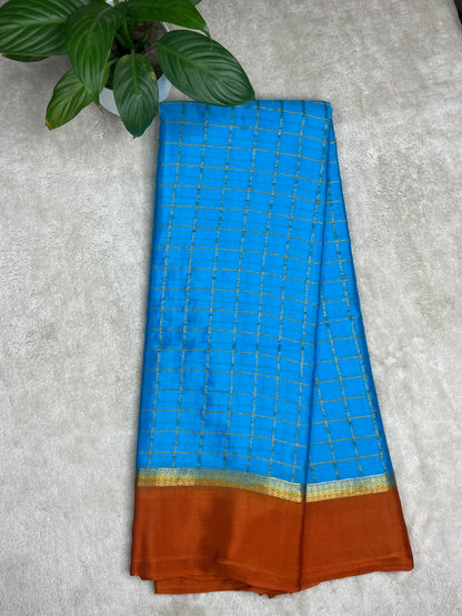 Pure Crepe Mysore Silk Saree bentex stripes In Blue With Orange Contrast B-1145310louse