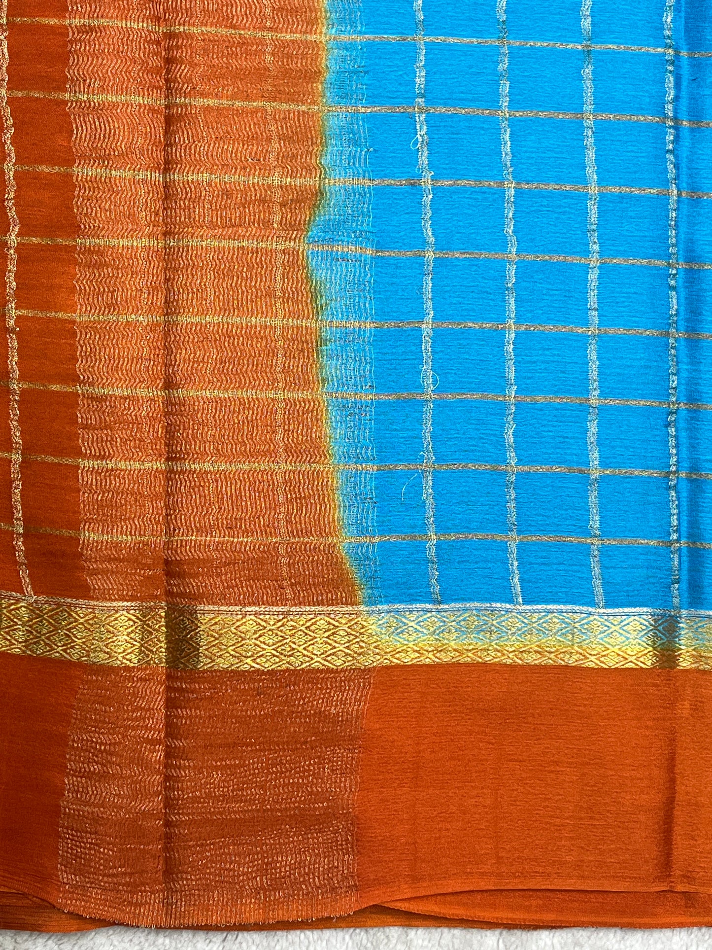 Pure Crepe Mysore Silk Saree bentex stripes In Blue With Orange Contrast B-1145310louse