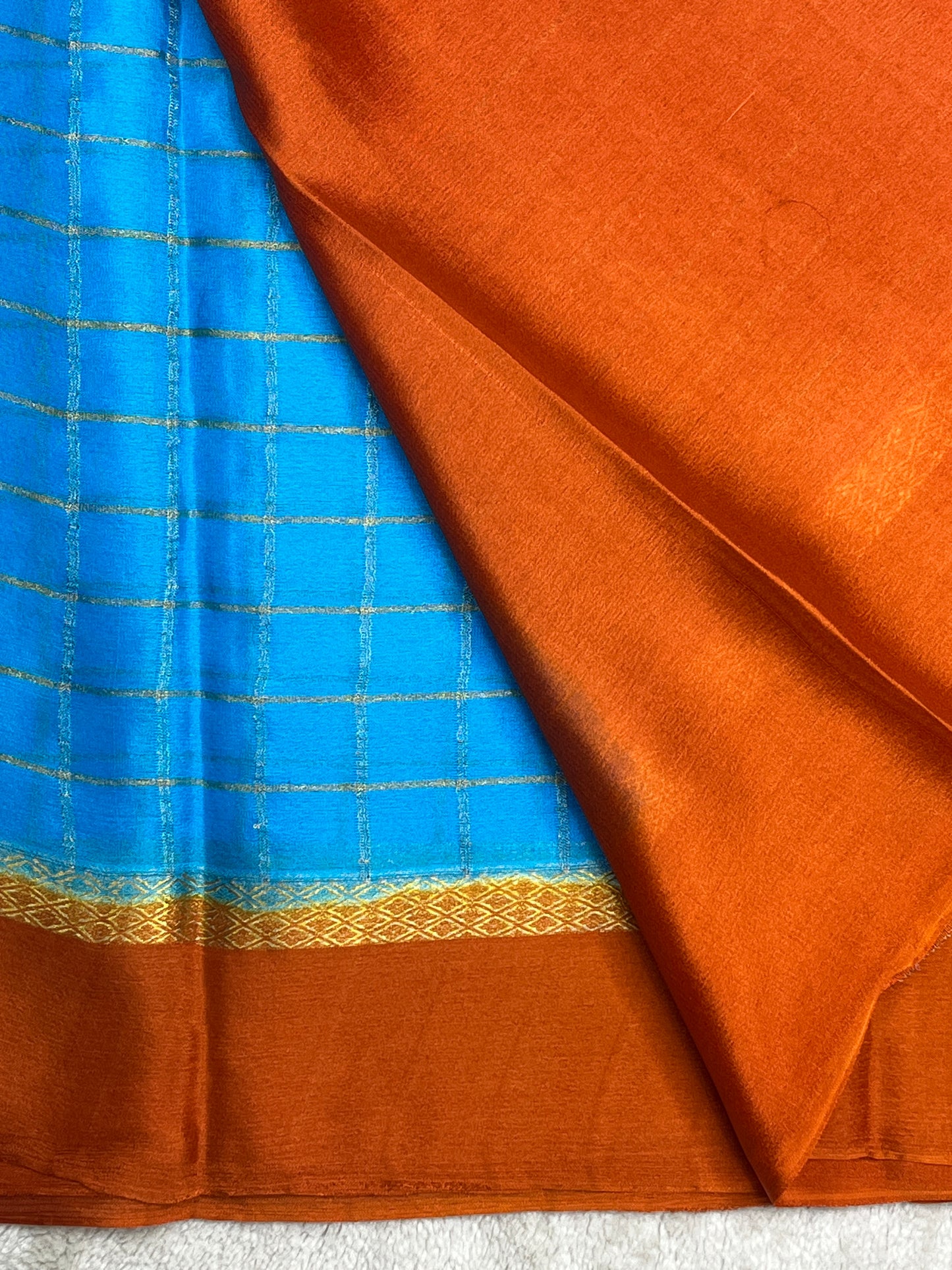Pure Crepe Mysore Silk Saree bentex stripes In Blue With Orange Contrast B-1145310louse