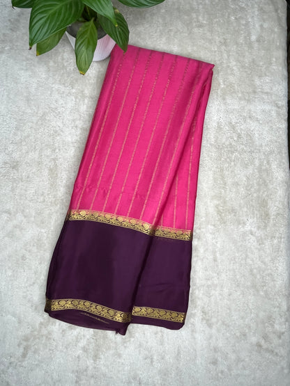 Pure Crepe Mysore Silk Saree bentex stripes In Pink With Wine Contrast Blouse-1145310