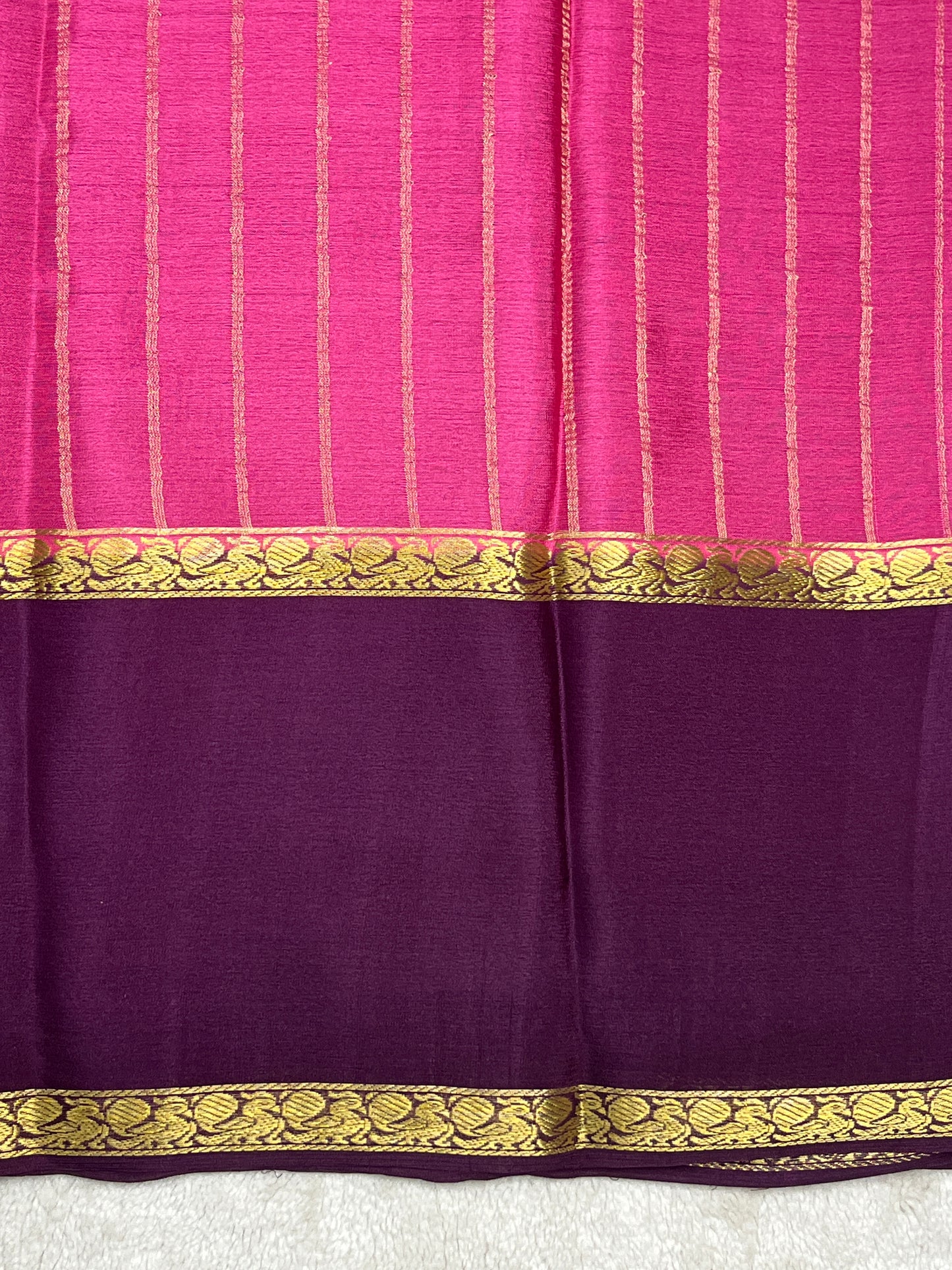 Pure Crepe Mysore Silk Saree bentex stripes In Pink With Wine Contrast Blouse-1145310