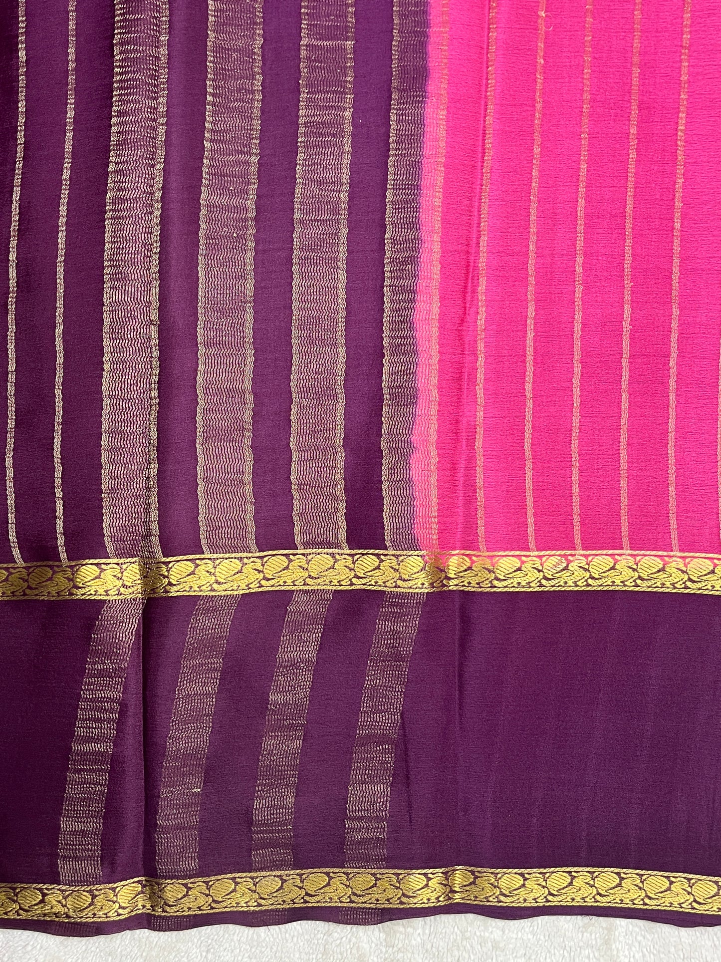 Pure Crepe Mysore Silk Saree bentex stripes In Pink With Wine Contrast Blouse-1145310