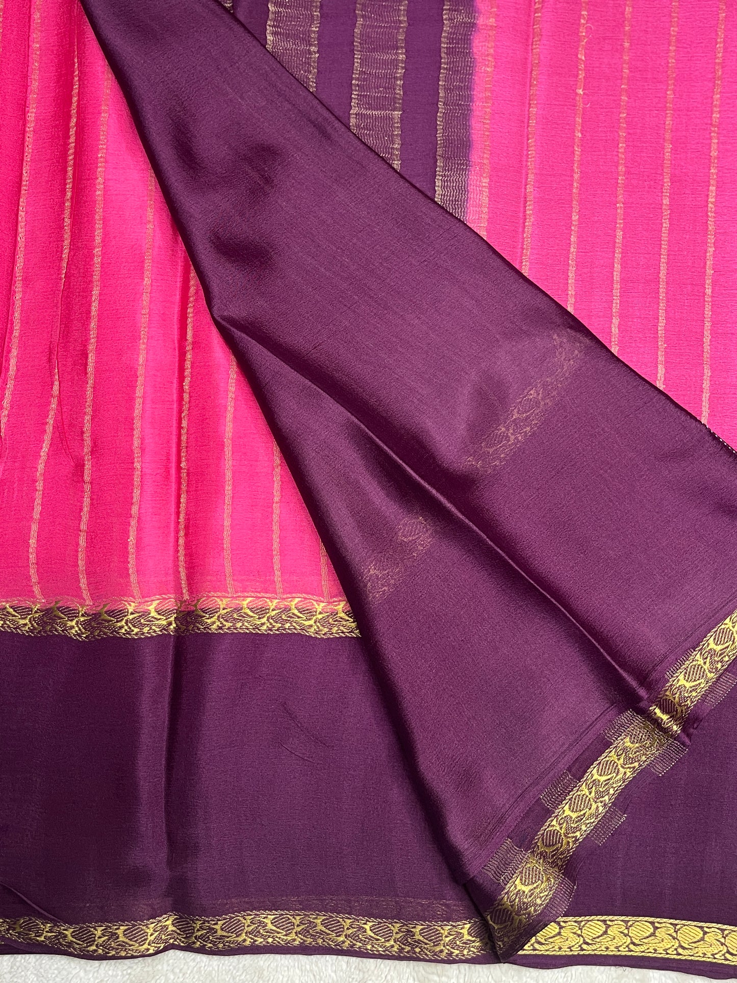 Pure Crepe Mysore Silk Saree bentex stripes In Pink With Wine Contrast Blouse-1145310