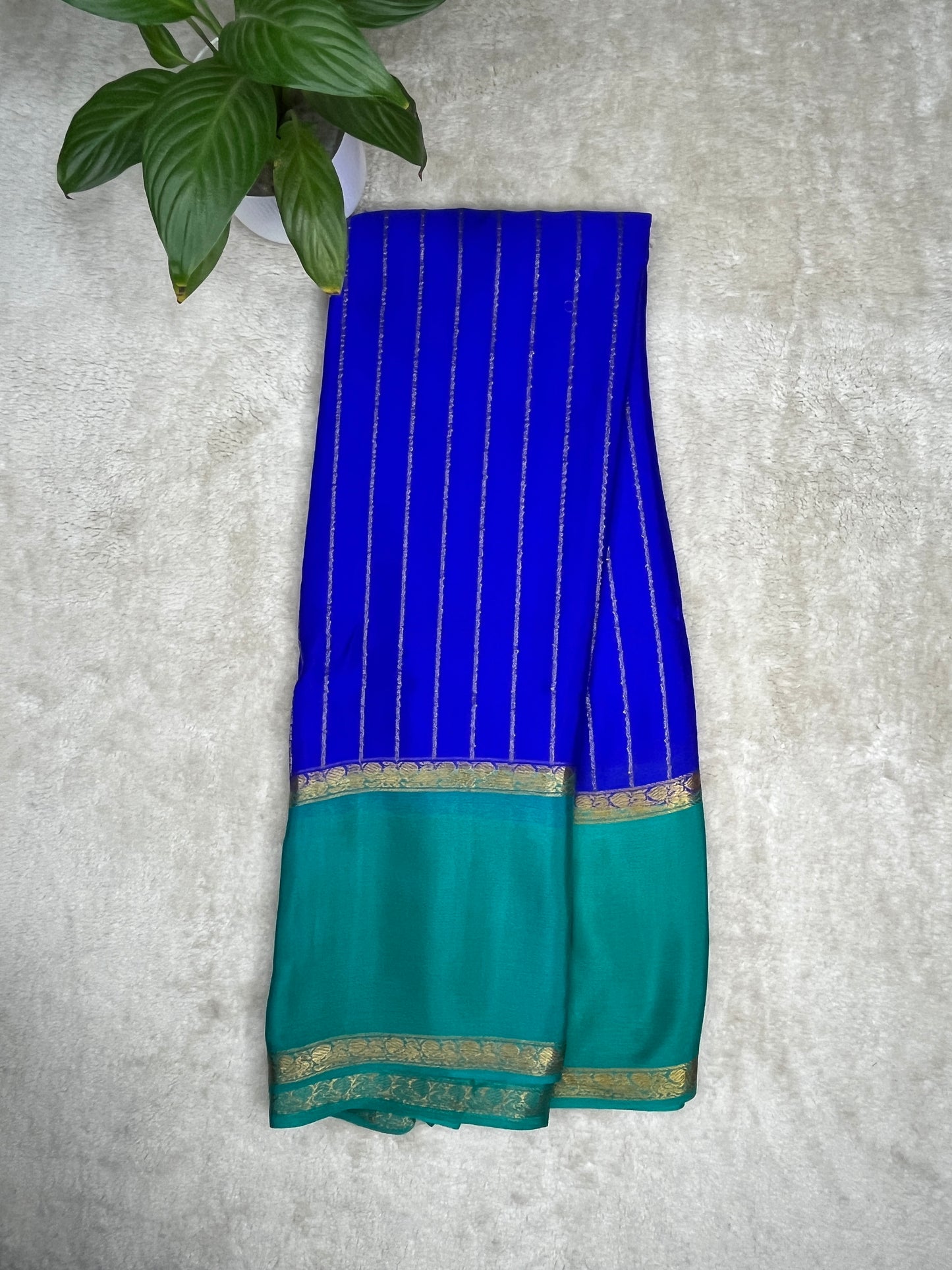 Pure Mysore Silk Saree Bentex Stripes In Royal Blue With Green Contrast Color Blouse