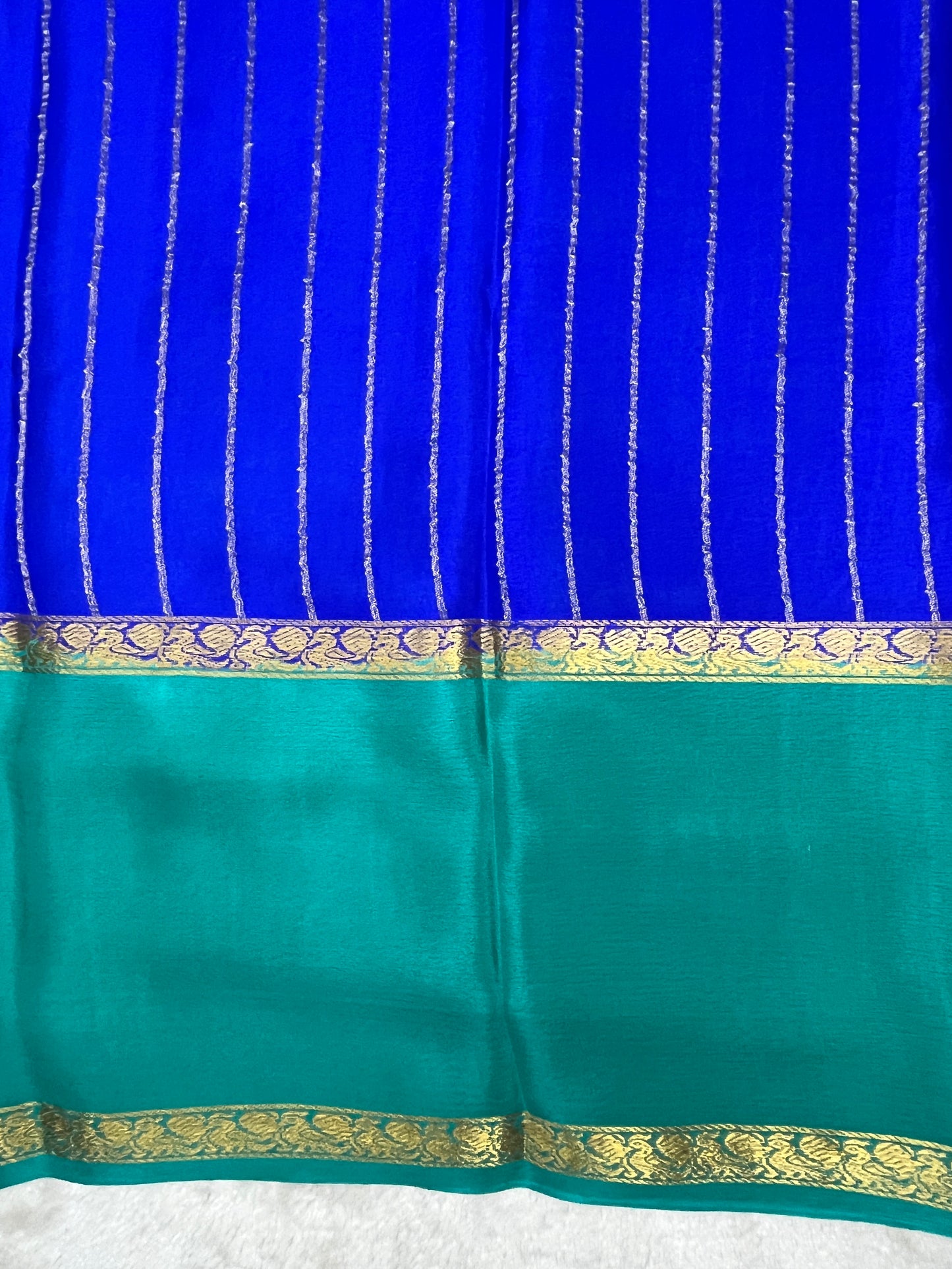 Pure Mysore Silk Saree Bentex Stripes In Royal Blue With Green Contrast Color Blouse