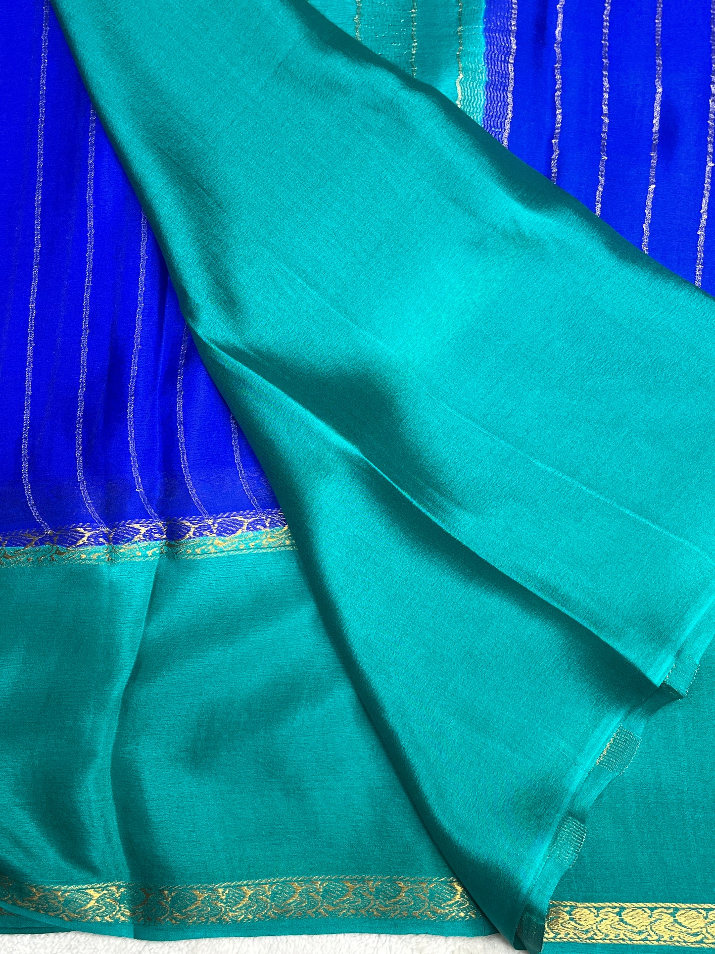 Pure Mysore Silk Saree Bentex Stripes In Royal Blue With Green Contrast Color Blouse