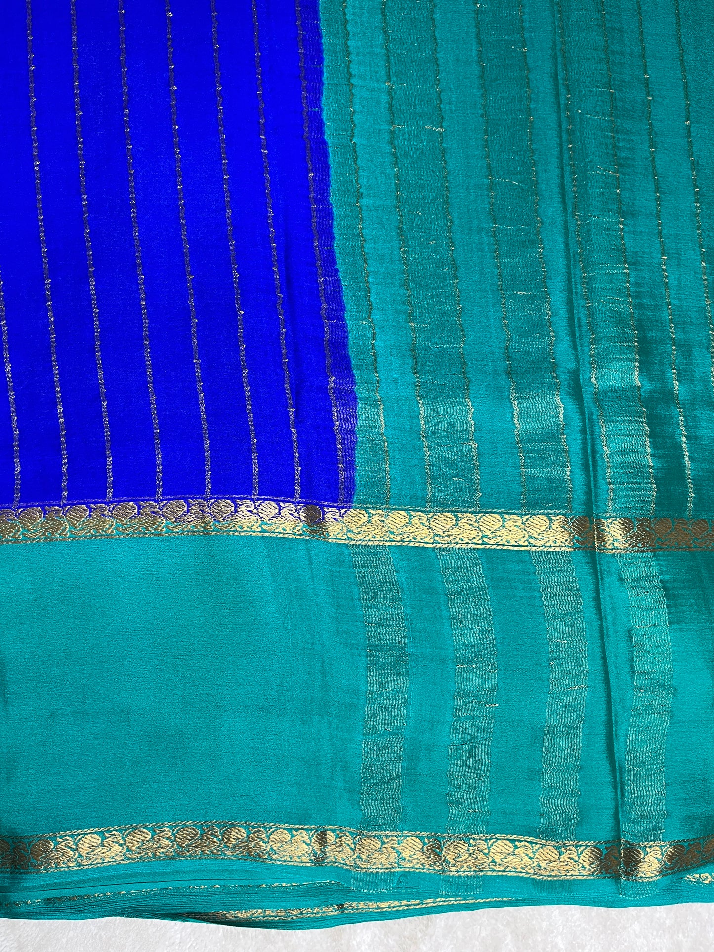 Pure Mysore Silk Saree Bentex Stripes In Royal Blue With Green Contrast Color Blouse