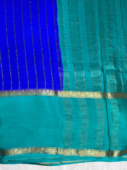 Pure Mysore Silk Saree Bentex Stripes In Royal Blue With Green Contrast Color Blouse
