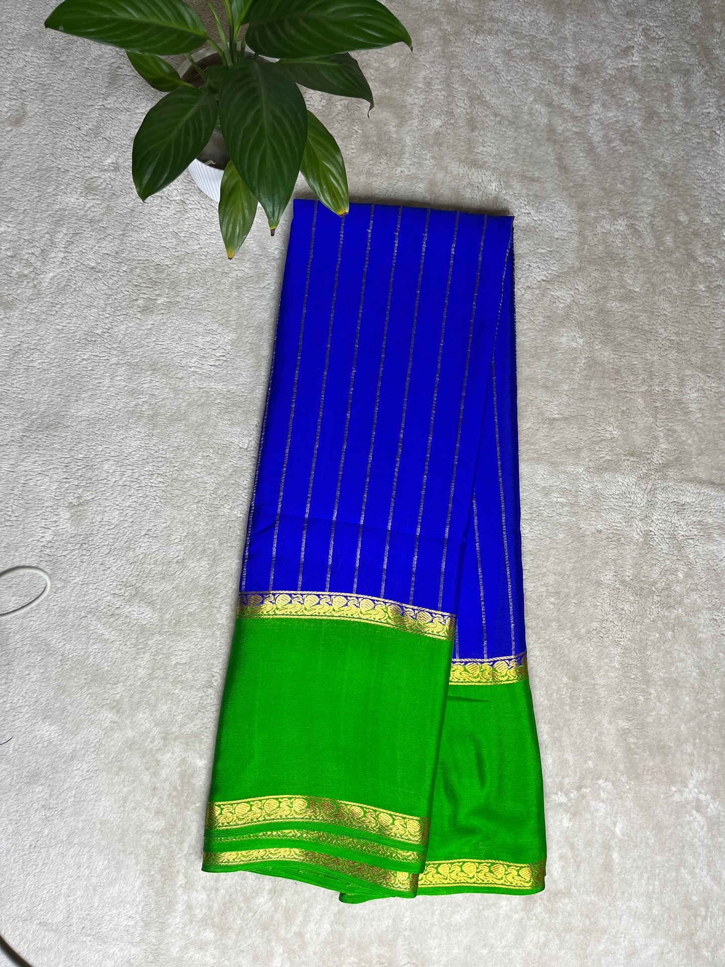 Pure Crepe Mysore Silk crush Saree In Blue With Green Contrast Blouse-1146007