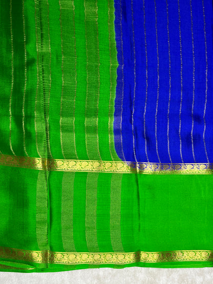 Pure Crepe Mysore Silk crush Saree In Blue With Green Contrast Blouse-1146007