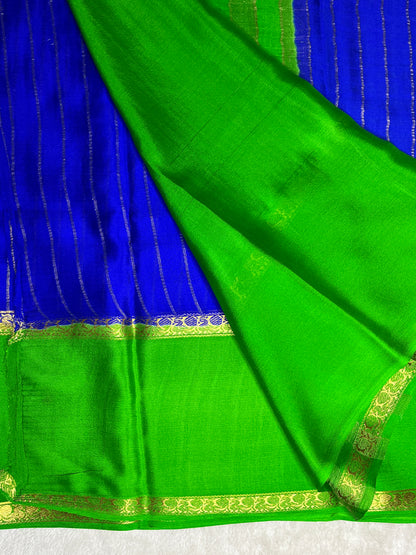 Pure Crepe Mysore Silk crush Saree In Blue With Green Contrast Blouse-1146007