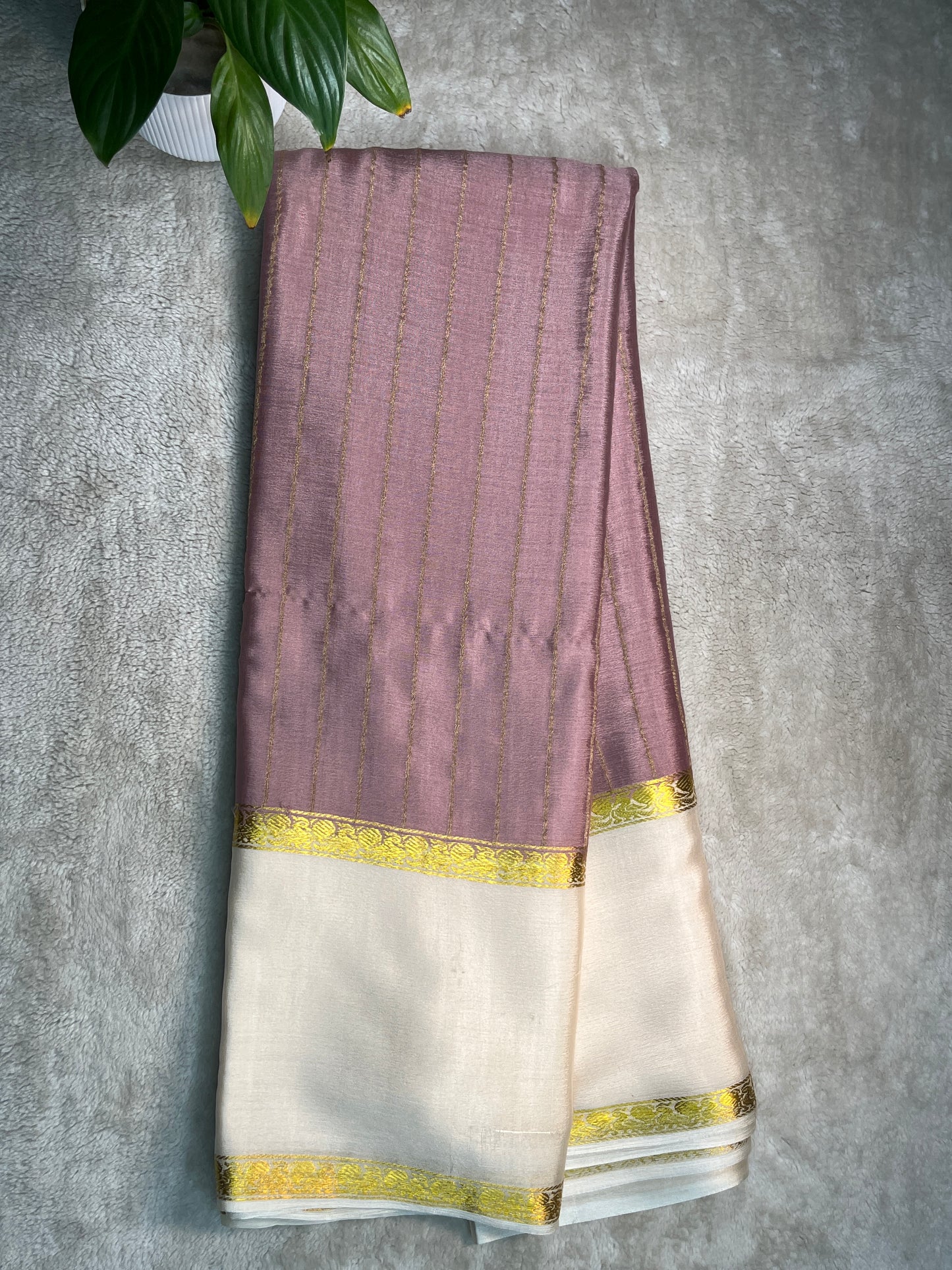 Pure Crepe Mysore Silk Saree bentex stripes In Peach With White Contrast Blouse-1145310