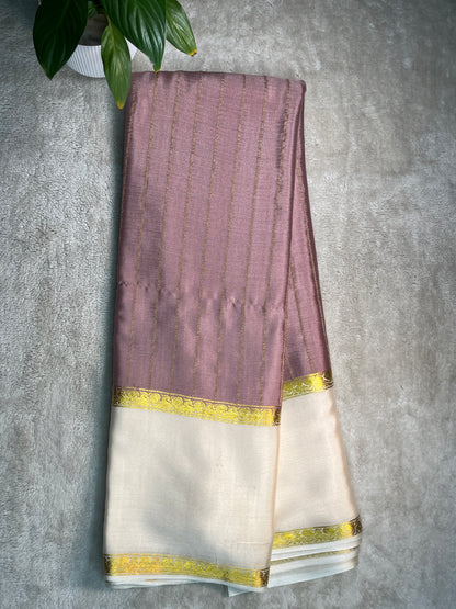 Pure Crepe Mysore Silk Saree bentex stripes In Peach With White Contrast Blouse-1145310