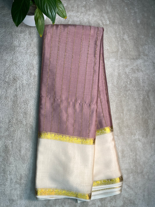Pure Crepe Mysore Silk Saree bentex stripes In Peach With White Contrast Blouse-1145310
