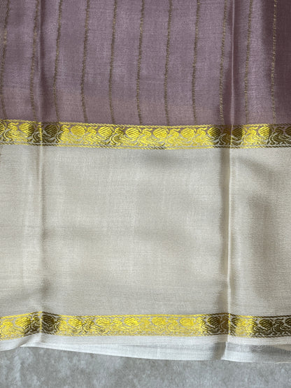 Pure Crepe Mysore Silk Saree bentex stripes In Peach With White Contrast Blouse-1145310