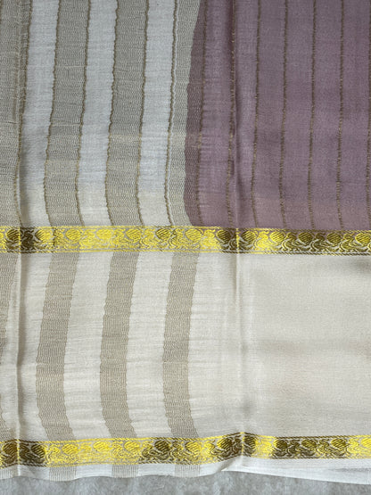 Pure Crepe Mysore Silk Saree bentex stripes In Peach With White Contrast Blouse-1145310