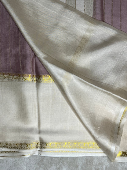 Pure Crepe Mysore Silk Saree bentex stripes In Peach With White Contrast Blouse-1145310
