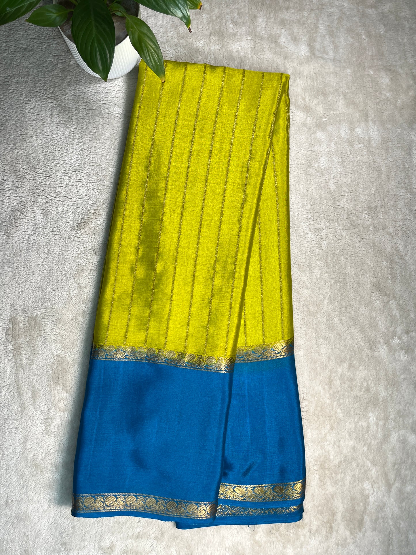 Pure Crepe Mysore Silk crush Saree In Leamon Yellow With Blue Contrast Blouse-1146007