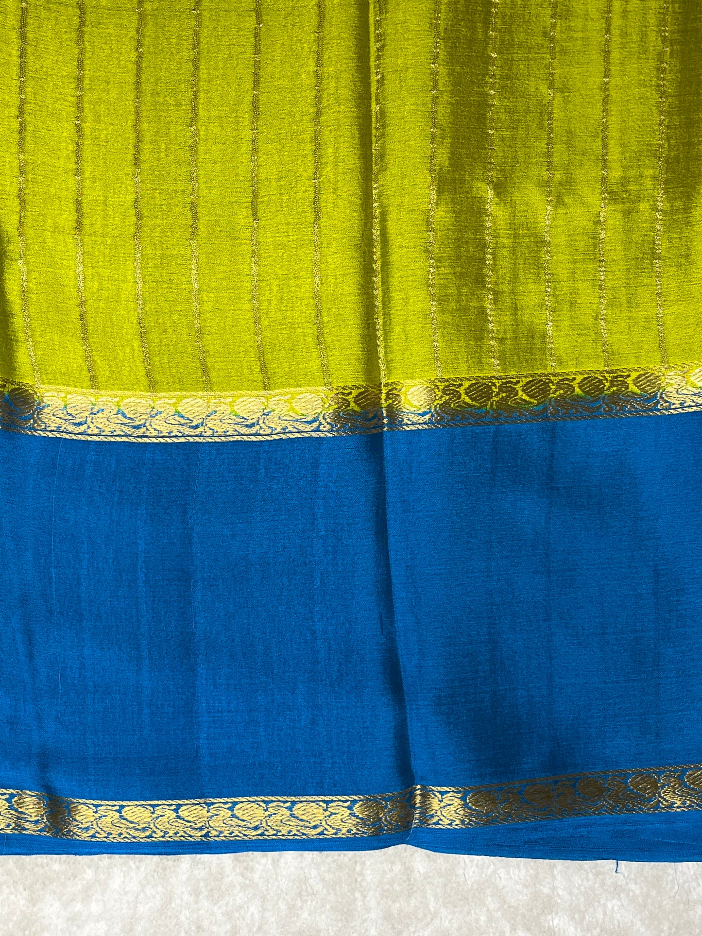 Pure Crepe Mysore Silk crush Saree In Leamon Yellow With Blue Contrast Blouse-1146007