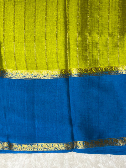 Pure Crepe Mysore Silk crush Saree In Leamon Yellow With Blue Contrast Blouse-1146007
