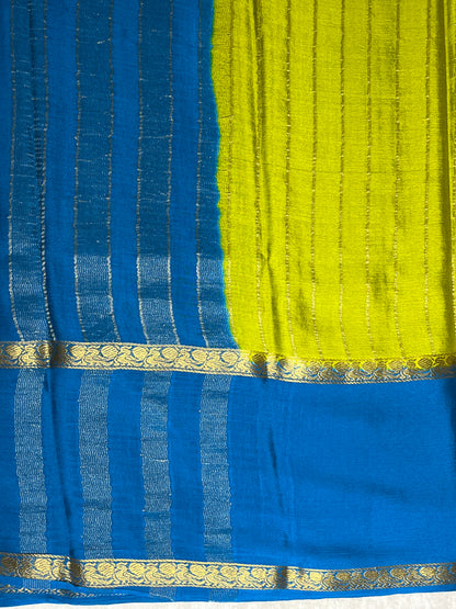 Pure Crepe Mysore Silk crush Saree In Leamon Yellow With Blue Contrast Blouse-1146007