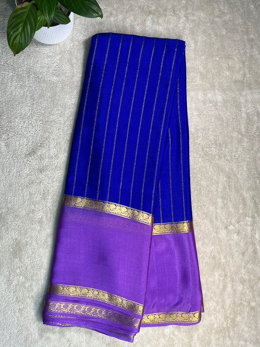 Pure Crepe Mysore Silk crush Saree In Royal Blue With Lavender Contrast Blouse-1145310