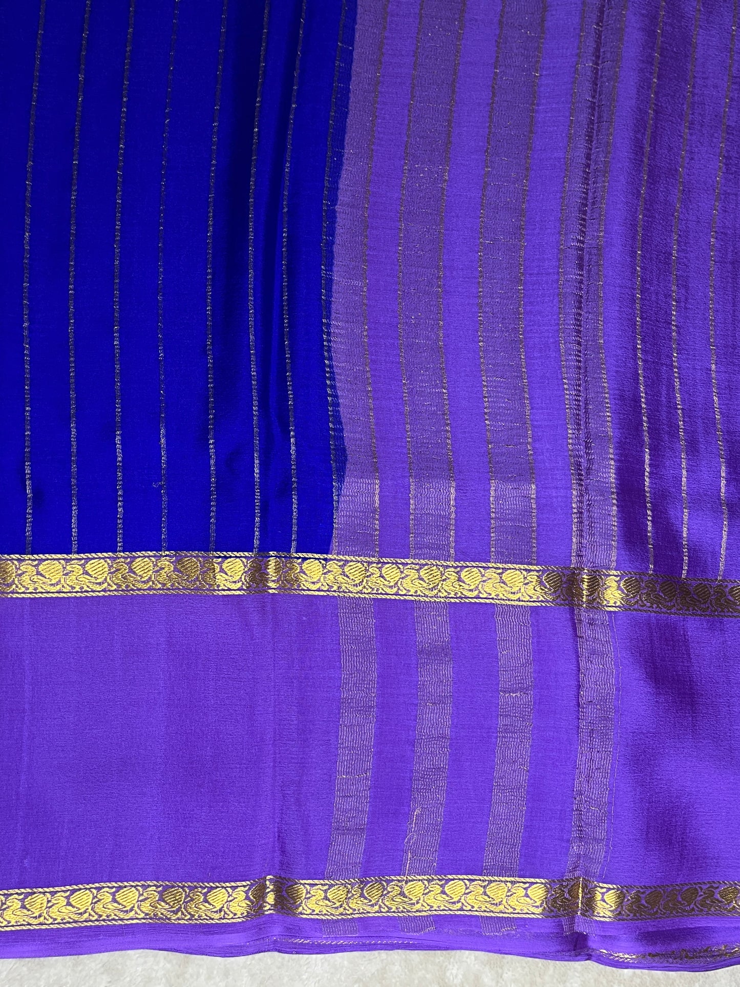 Pure Crepe Mysore Silk crush Saree In Royal Blue With Lavender Contrast Blouse-1145310