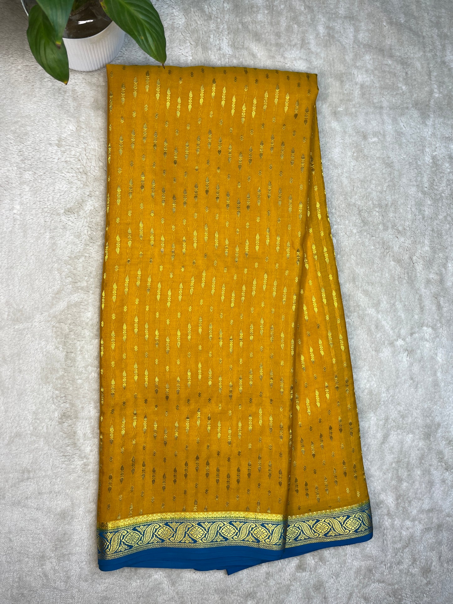 Pure Mysore Silk Saree Heavy Mungi Checks With Yellow Butta Mix Checks Border In Blue Contrast Blouse