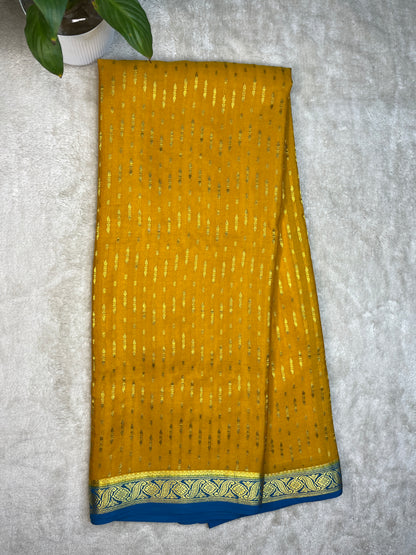 Pure Mysore Silk Saree Heavy Mungi Checks With Yellow Butta Mix Checks Border In Blue Contrast Blouse