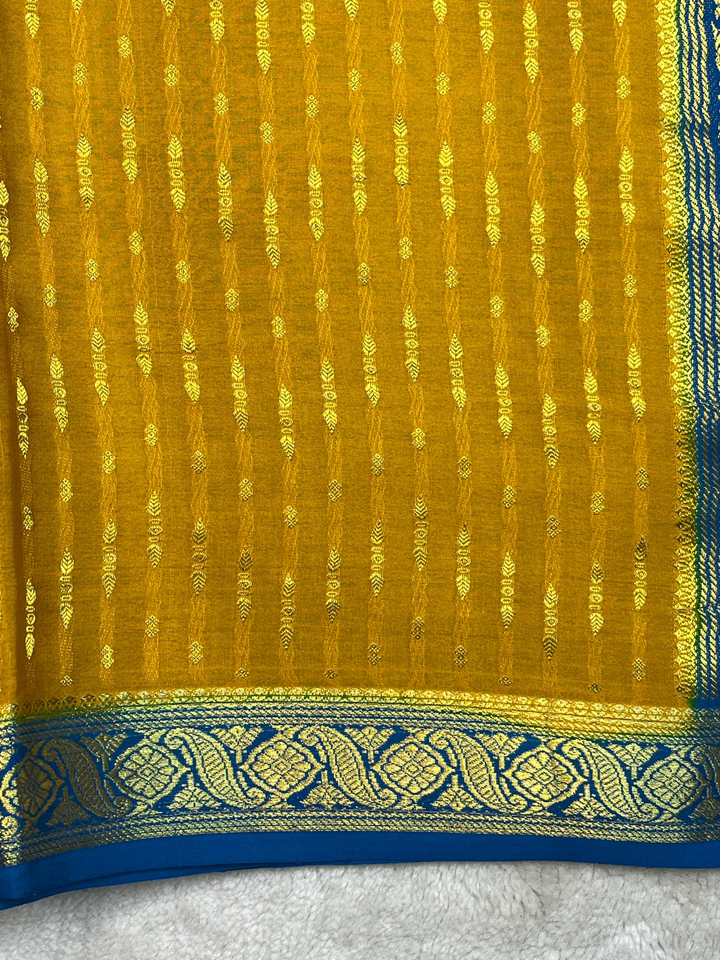Pure Mysore Silk Saree Heavy Mungi Checks With Yellow Butta Mix Checks Border In Blue Contrast Blouse