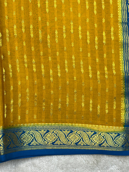 Pure Mysore Silk Saree Heavy Mungi Checks With Yellow Butta Mix Checks Border In Blue Contrast Blouse