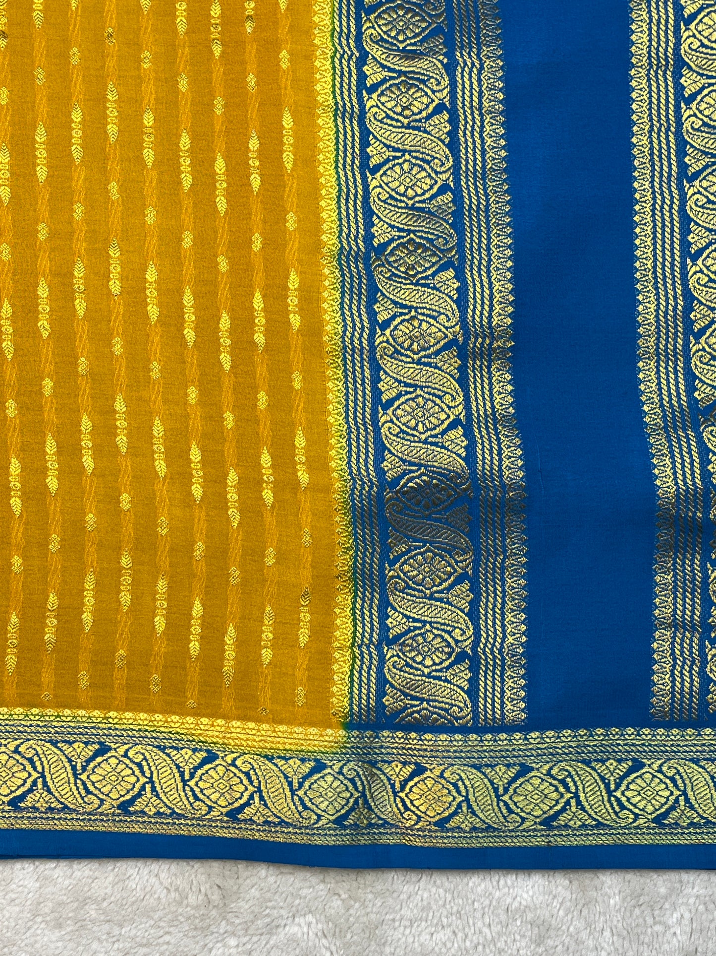 Pure Mysore Silk Saree Heavy Mungi Checks With Yellow Butta Mix Checks Border In Blue Contrast Blouse