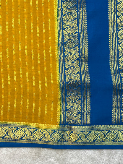 Pure Mysore Silk Saree Heavy Mungi Checks With Yellow Butta Mix Checks Border In Blue Contrast Blouse