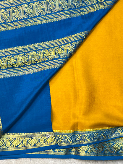 Pure Mysore Silk Saree Heavy Mungi Checks With Yellow Butta Mix Checks Border In Blue Contrast Blouse