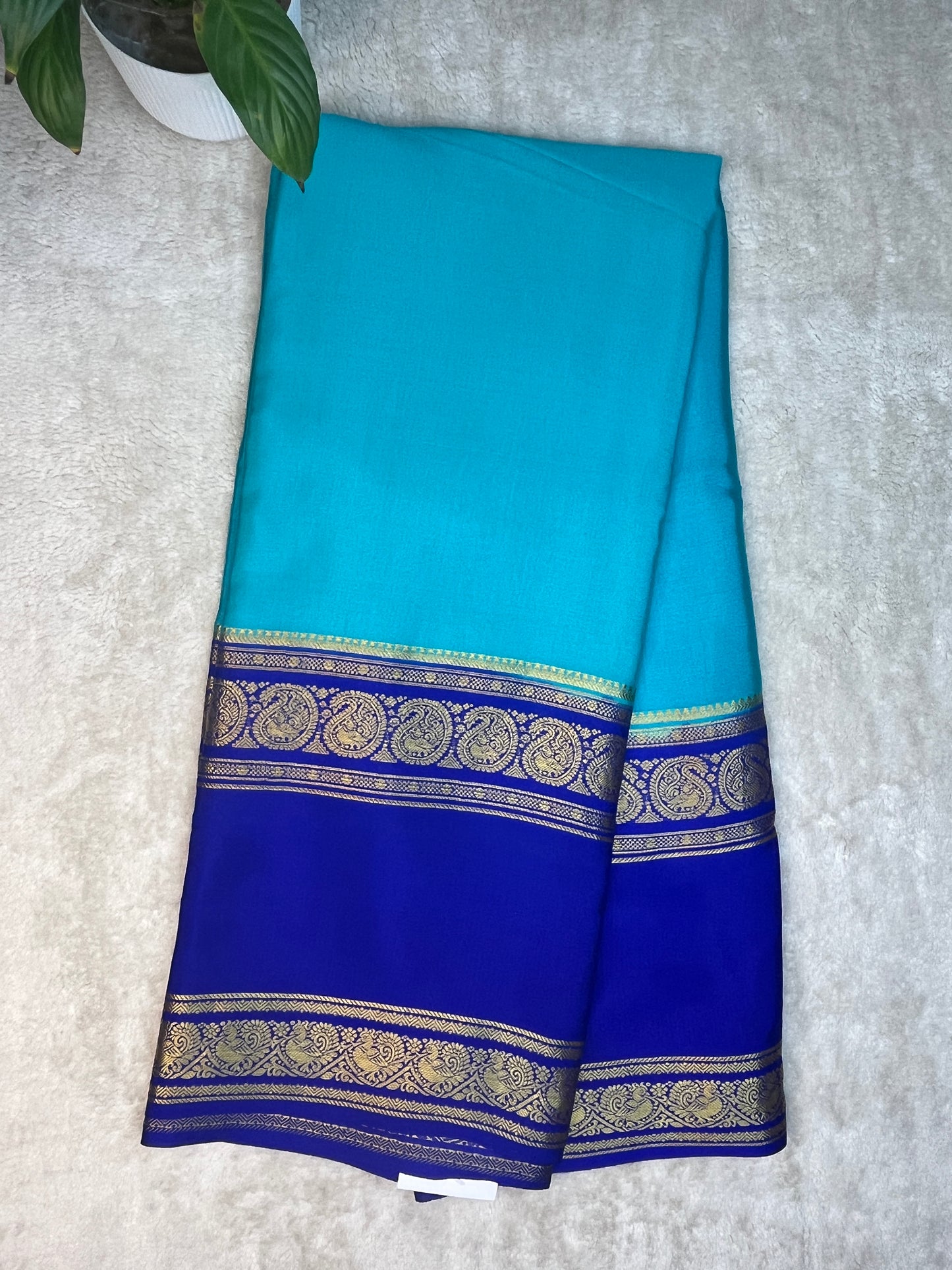 Pure Crepe Mysore Silk 3D Saree In Blue With Royal Blue Contrast Color Blouse